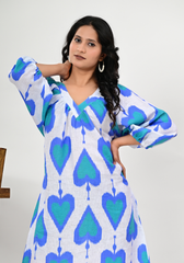 Azure Heartbeat – Ikat-Inspired Linen Relaxed Midi Dress