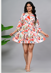Sunset Brushstroke Tier – Abstract Print Cotton Slub Mini Dress