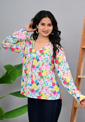 Spring Meadow Top – Vibrant Floral Rayon Slub Blouse