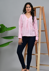 Soft Bloom Casual – Pink Cotton Dobby Pintuck Blouse