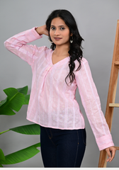 Soft Bloom Casual – Pink Cotton Dobby Pintuck Blouse