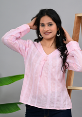 Soft Bloom Casual – Pink Cotton Dobby Pintuck Blouse