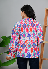 Boho Ikat Charm – Vibrant Ikat Print 60s Cambric Shirt