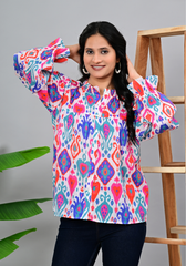 Boho Ikat Charm – Vibrant Ikat Print 60s Cambric Shirt