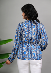 Indigo Mosaic Blouse – Geometric Folk Print Satin Top