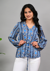 Indigo Mosaic Blouse – Geometric Folk Print Satin Top
