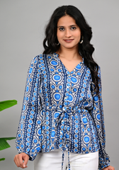 Indigo Mosaic Blouse – Geometric Folk Print Satin Top