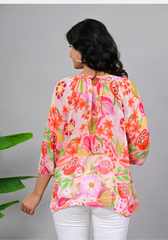 Flamingo Garden Top Vibrant Georgette Balloon Sleeve Blouse