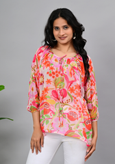 Flamingo Garden Top Vibrant Georgette Balloon Sleeve Blouse