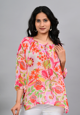 Flamingo Garden Top Vibrant Georgette Balloon Sleeve Blouse