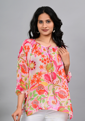 Flamingo Garden Top Vibrant Georgette Balloon Sleeve Blouse