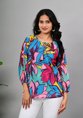 Tropical Muse Tassel – Bold Floral Georgette Blouse