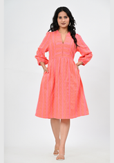 Soft Coral Muse Embroidered Cotton Dobby A-Line Dress