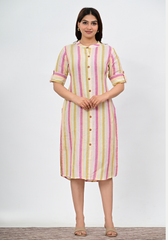 Sunlit Stripe Button – Pastel Vertical Stripe Linen Midi