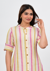 Sunlit Stripe Button – Pastel Vertical Stripe Linen Midi