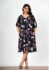 Azure Heartbeat – Abstract Print Cambric Knee-Length Dress