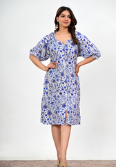 Azure Floral Ease – Botanical Print Rayon Slub Dress