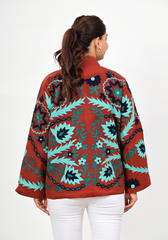 Rust Fern Embroidered Jacket – Bold Botanical Canvas Layer
