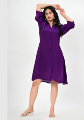 Royal Plum – Solid Cupro Satin Shirt Dress
