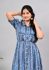 Moonflower Indigo – Printed Satin Shirt Dress