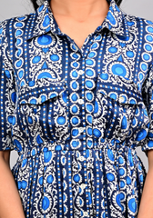 Moonflower Indigo – Printed Satin Shirt Dress
