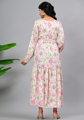 Petal Whisper – Floral Satin Tiered Maxi Dress