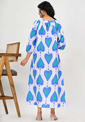 Azure Heartbeat – Ikat-Inspired Linen Relaxed Midi Dress