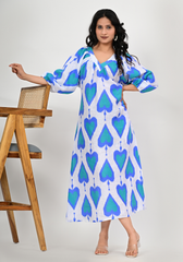 Azure Heartbeat – Ikat-Inspired Linen Relaxed Midi Dress