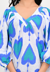 Azure Heartbeat – Ikat-Inspired Linen Relaxed Midi Dress