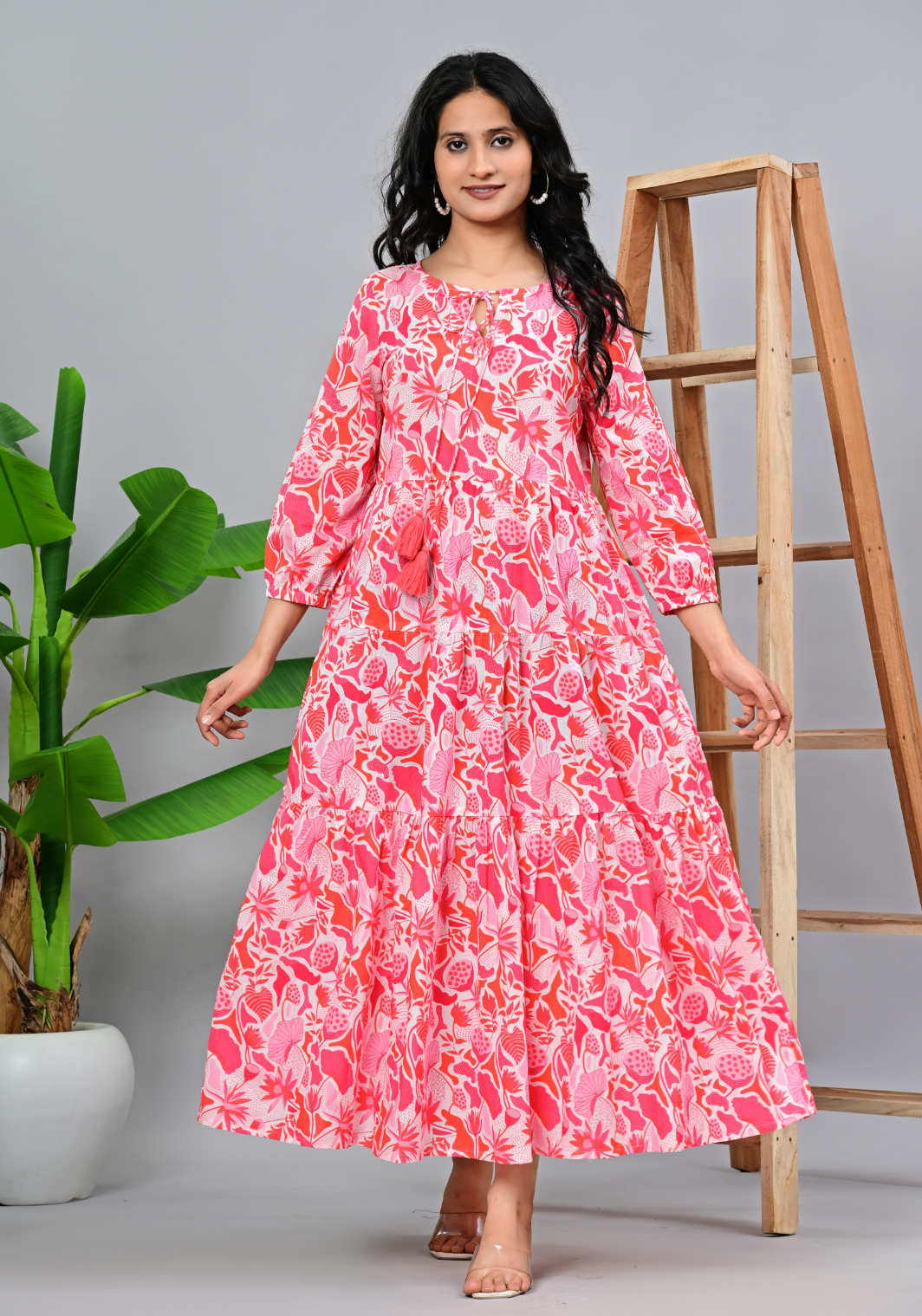 Floral Daydream Tier – Pink Botanical 60s Cambric Maxi Dress
