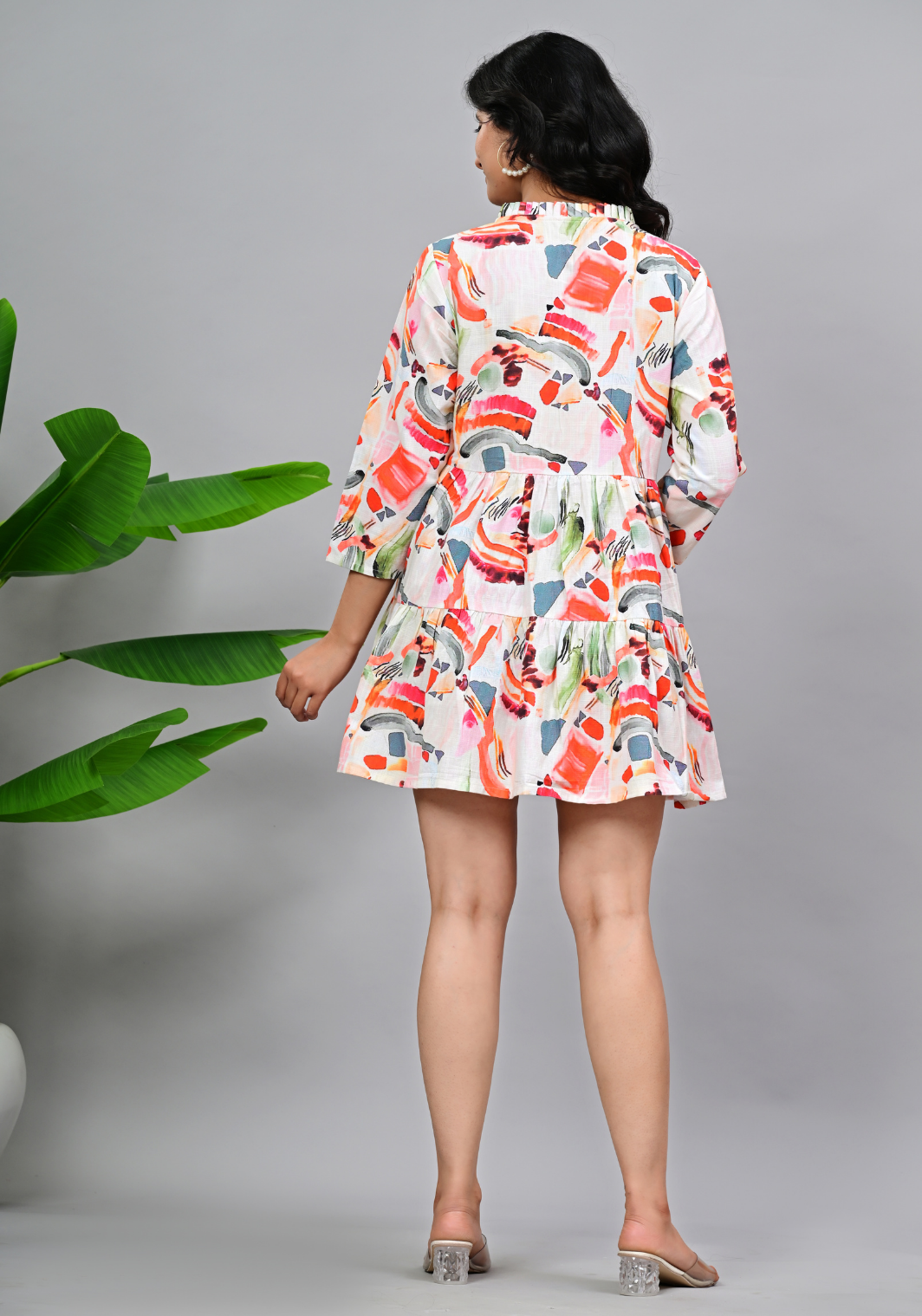 Sunset Brushstroke Tier – Abstract Print Cotton Slub Mini Dress