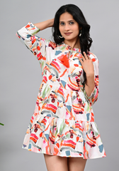 Sunset Brushstroke Tier – Abstract Print Cotton Slub Mini Dress
