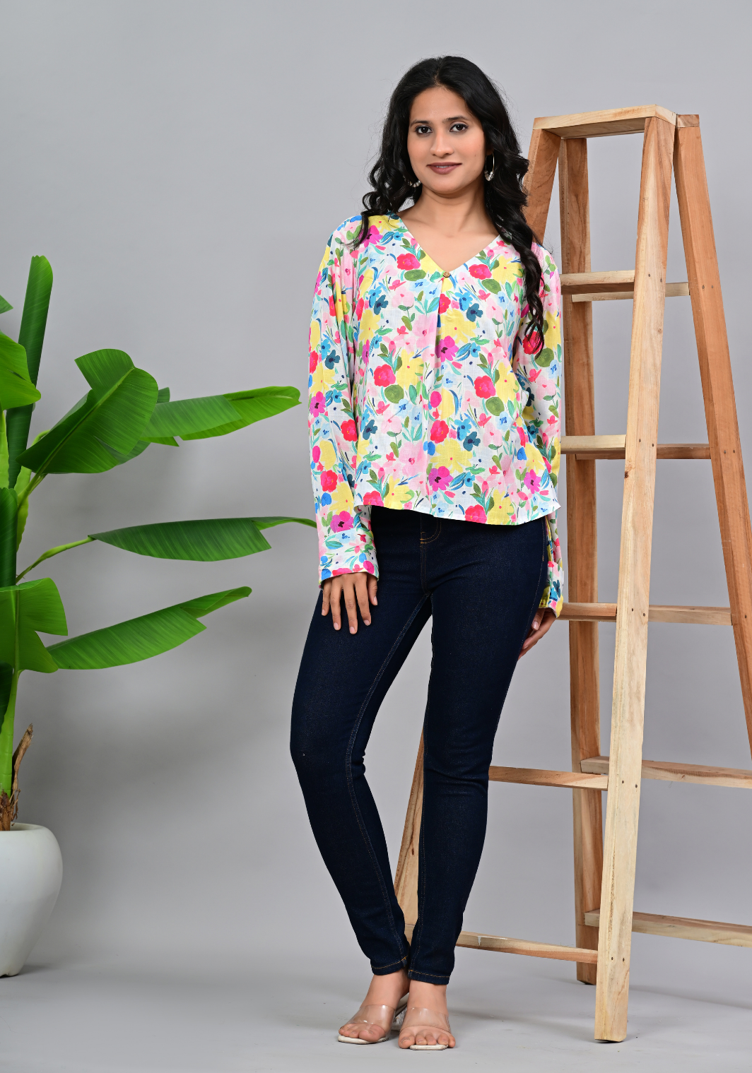 Spring Meadow Top – Vibrant Floral Rayon Slub Blouse