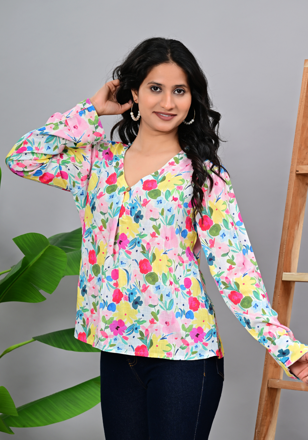 Spring Meadow Top – Vibrant Floral Rayon Slub Blouse
