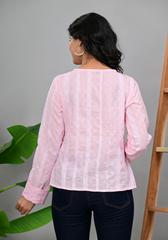 Soft Bloom Casual – Pink Cotton Dobby Pintuck Blouse