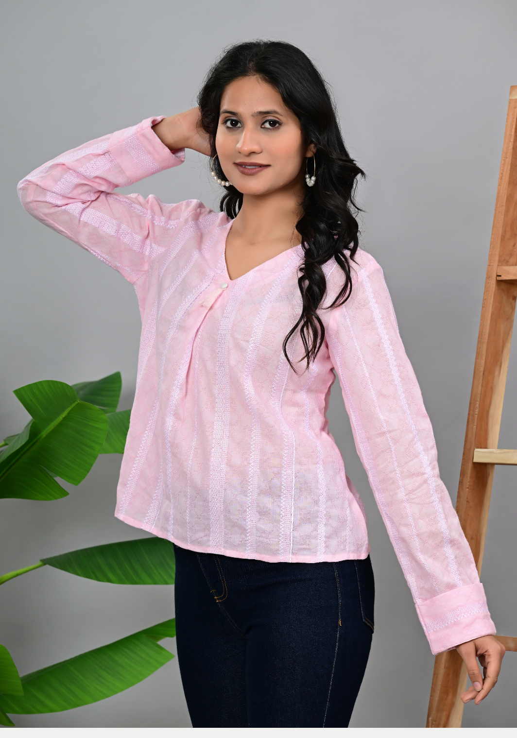 Soft Bloom Casual – Pink Cotton Dobby Pintuck Blouse