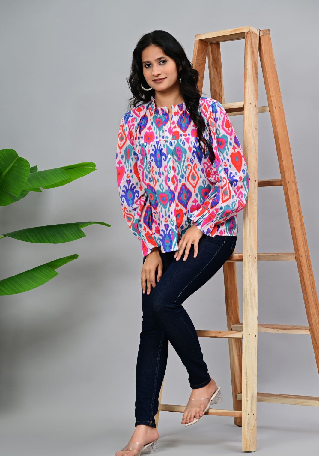 Boho Ikat Charm – Vibrant Ikat Print 60s Cambric Shirt
