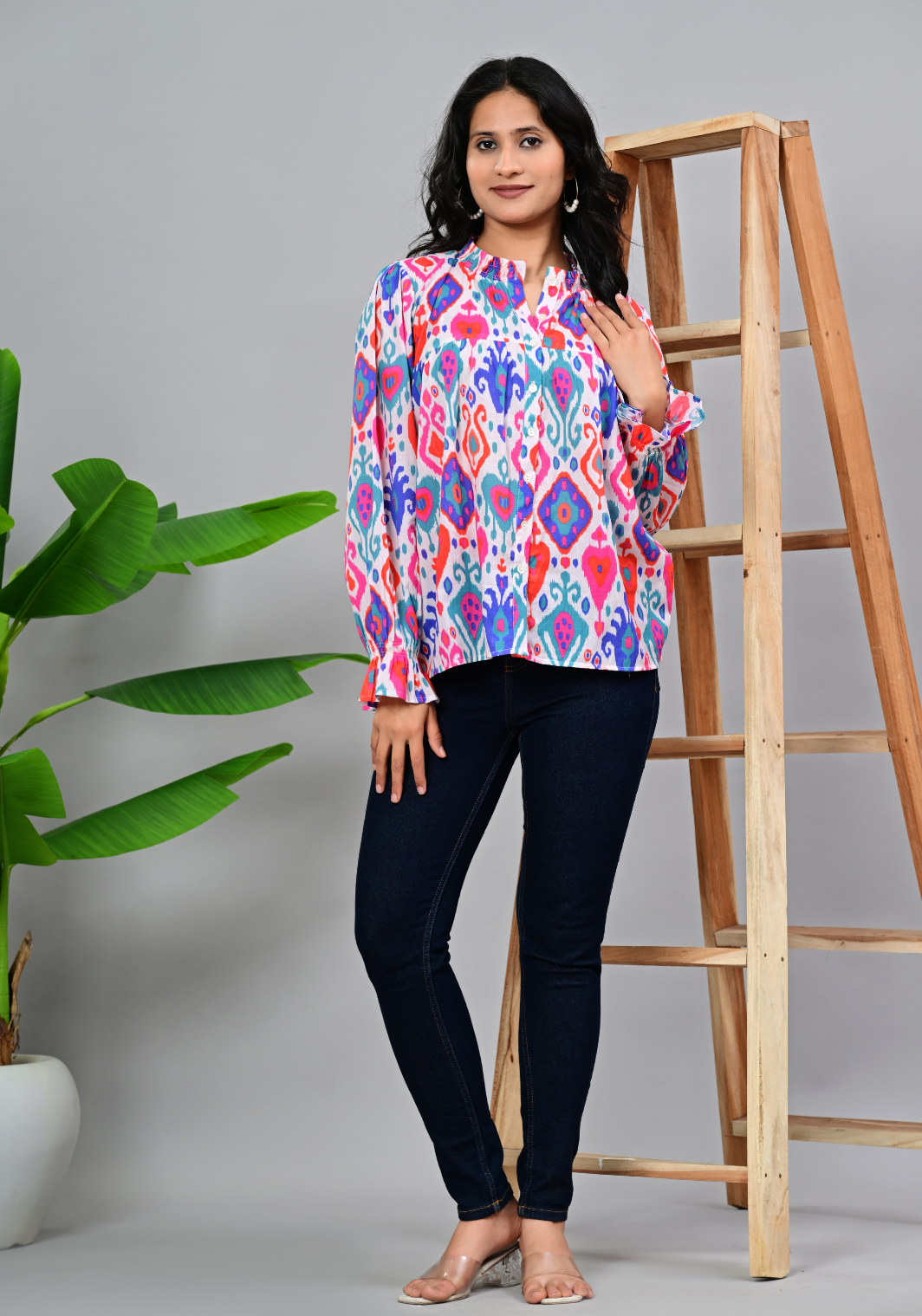 Boho Ikat Charm – Vibrant Ikat Print 60s Cambric Shirt