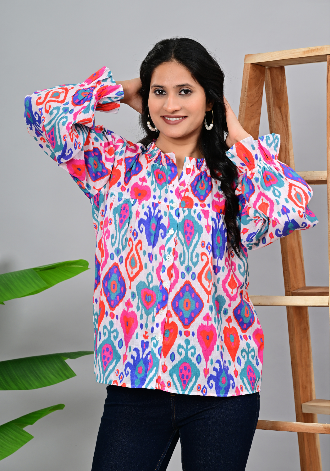 Boho Ikat Charm – Vibrant Ikat Print 60s Cambric Shirt