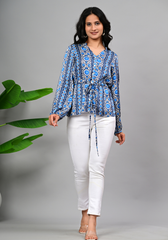 Indigo Mosaic Blouse – Geometric Folk Print Satin Top