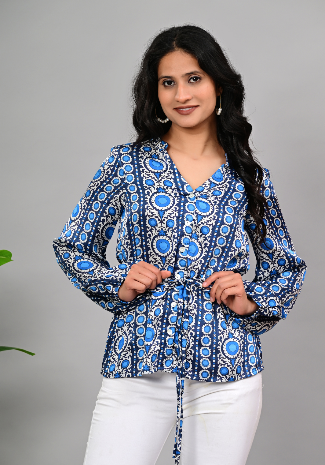 Indigo Mosaic Blouse – Geometric Folk Print Satin Top