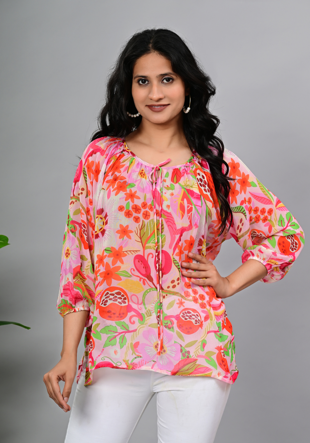 Flamingo Garden Top Vibrant Georgette Balloon Sleeve Blouse