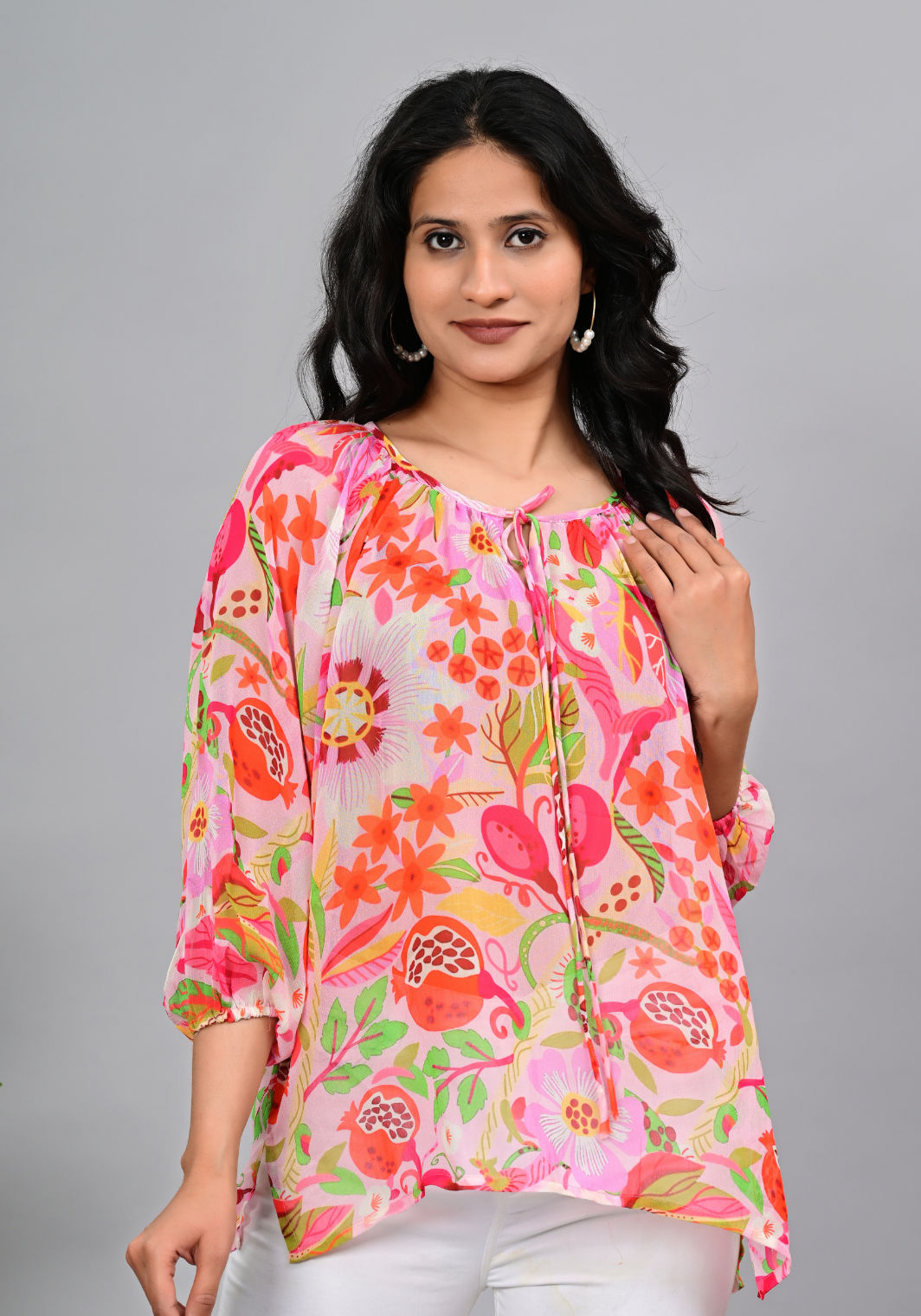 Flamingo Garden Top Vibrant Georgette Balloon Sleeve Blouse