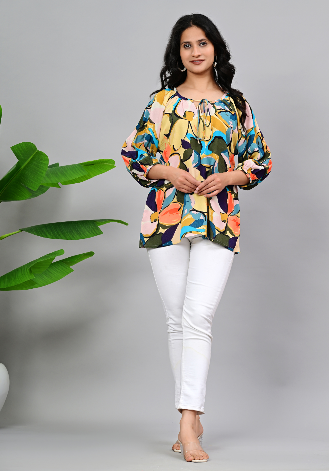 Autumn Art Flow – Abstract Print Moss Crepe Blouse