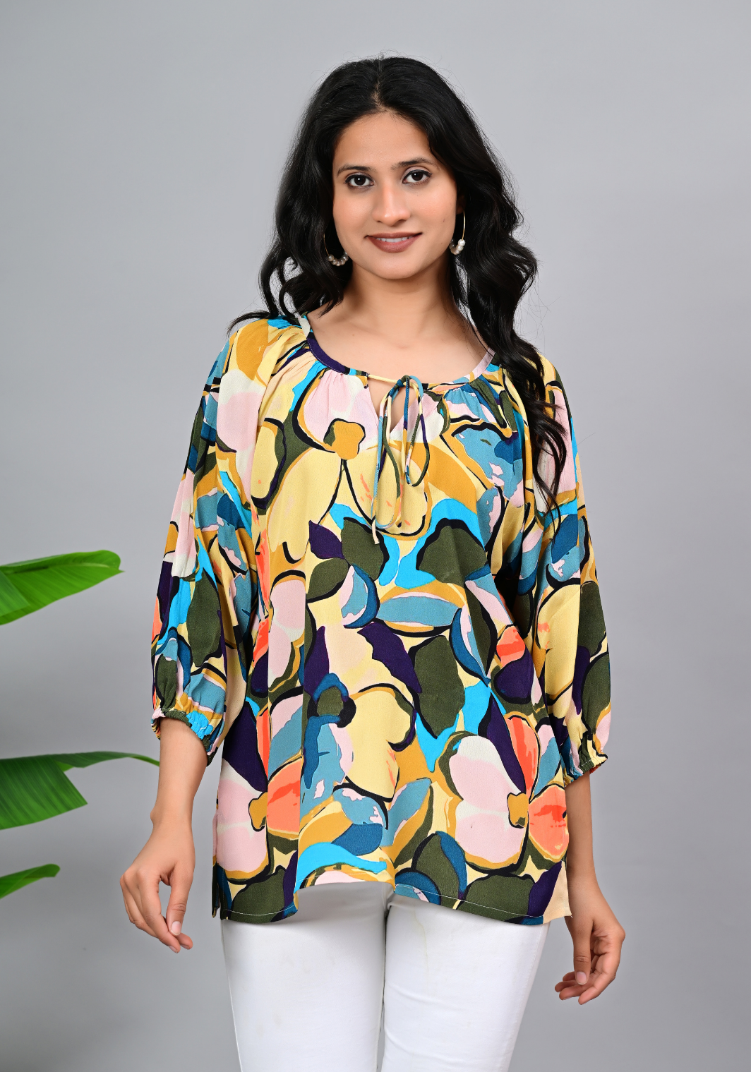 Autumn Art Flow – Abstract Print Moss Crepe Blouse
