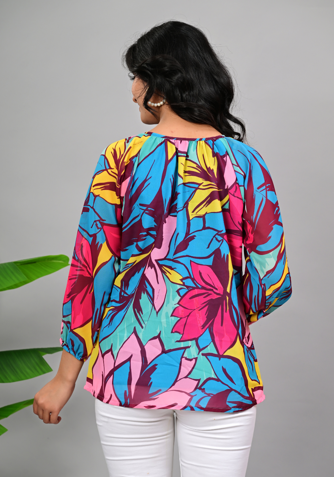 Tropical Muse Tassel – Bold Floral Georgette Blouse