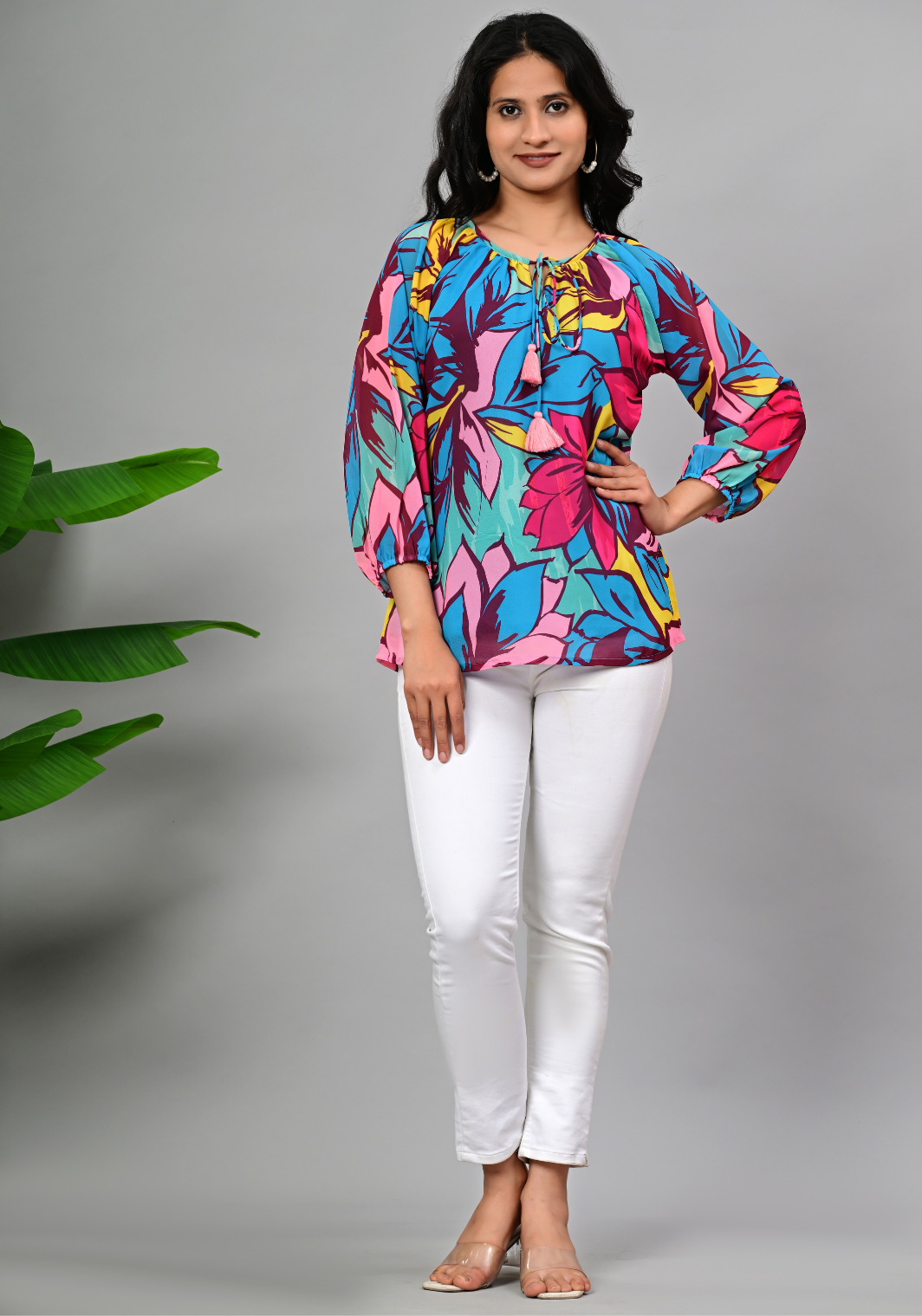 Tropical Muse Tassel – Bold Floral Georgette Blouse