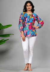 Tropical Muse Tassel – Bold Floral Georgette Blouse