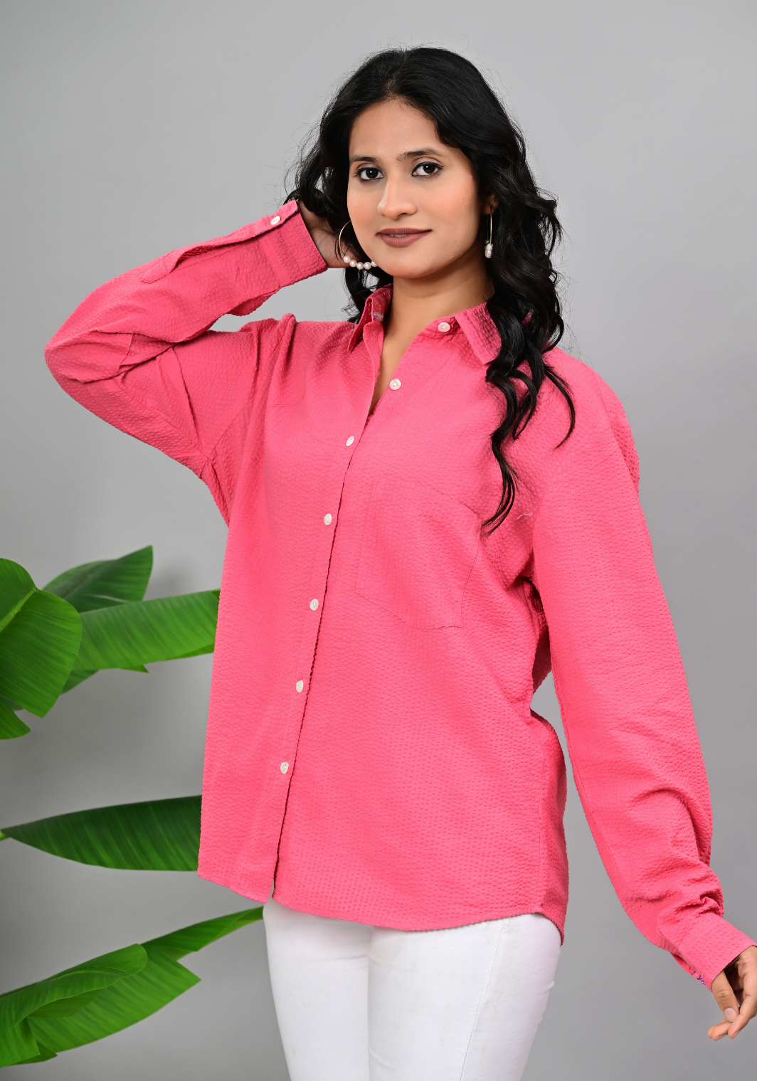 Blush Pink Textured – Seersucker Roll-Up Sleeve Shirt