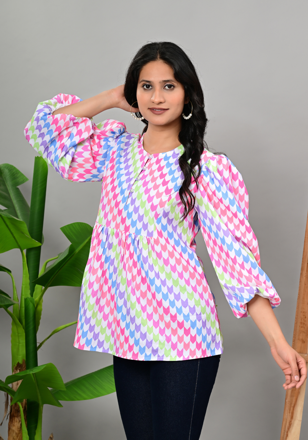 Candy Wave Peplum – Pastel Chevron Poly Crepe Blouse